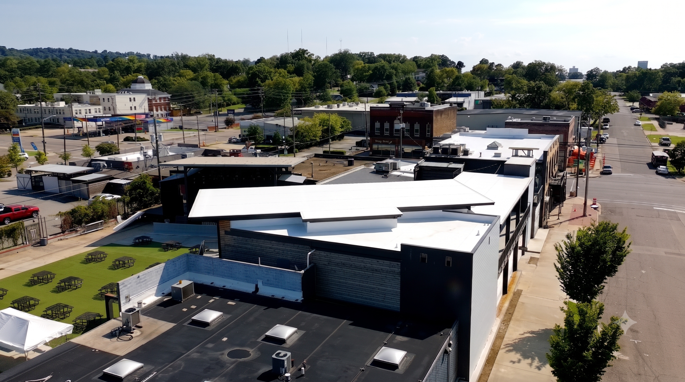 Aerial view of a BLW Roofing commercial flat membrane roof in Avondale, Birmingham AL